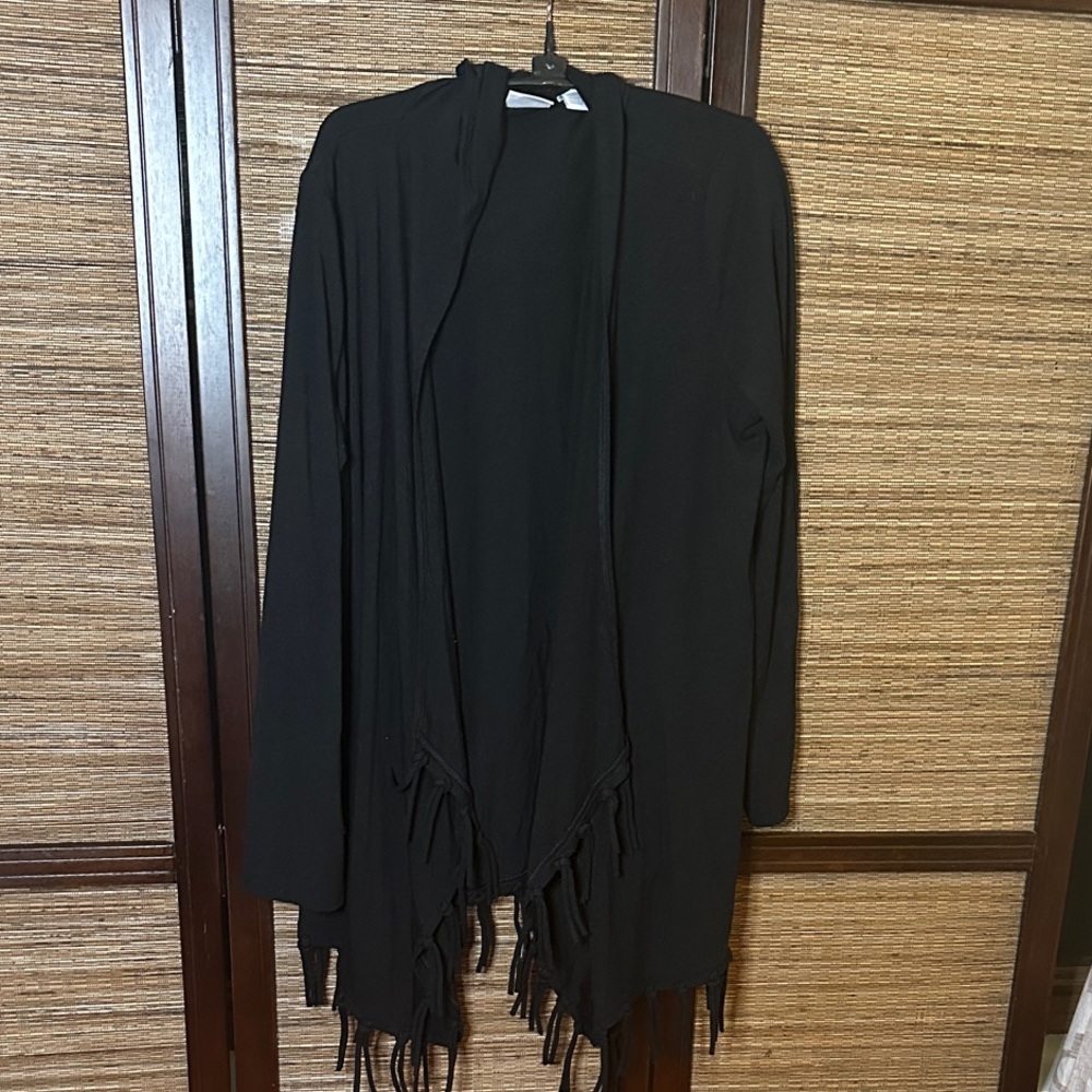 Black Fringe Open Cardigan Sweater with Hood